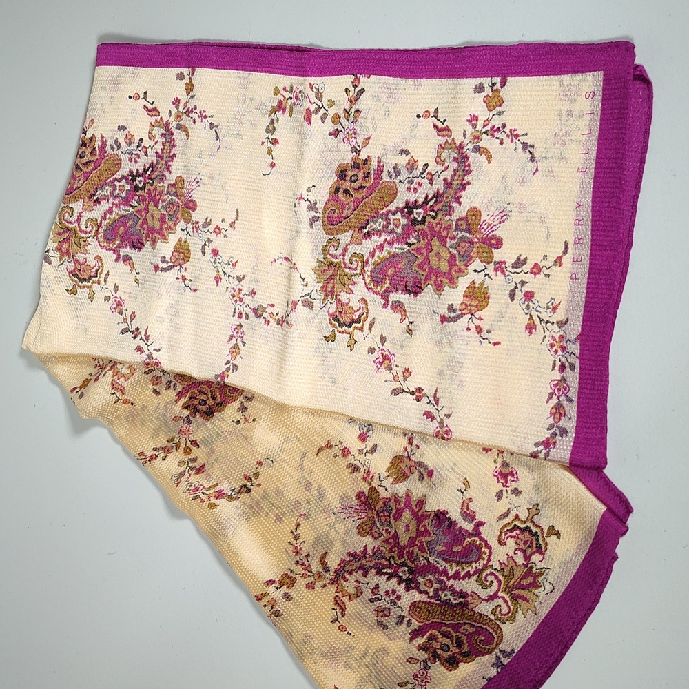Perry Ellis cream and magenta pink floral square silk scarf